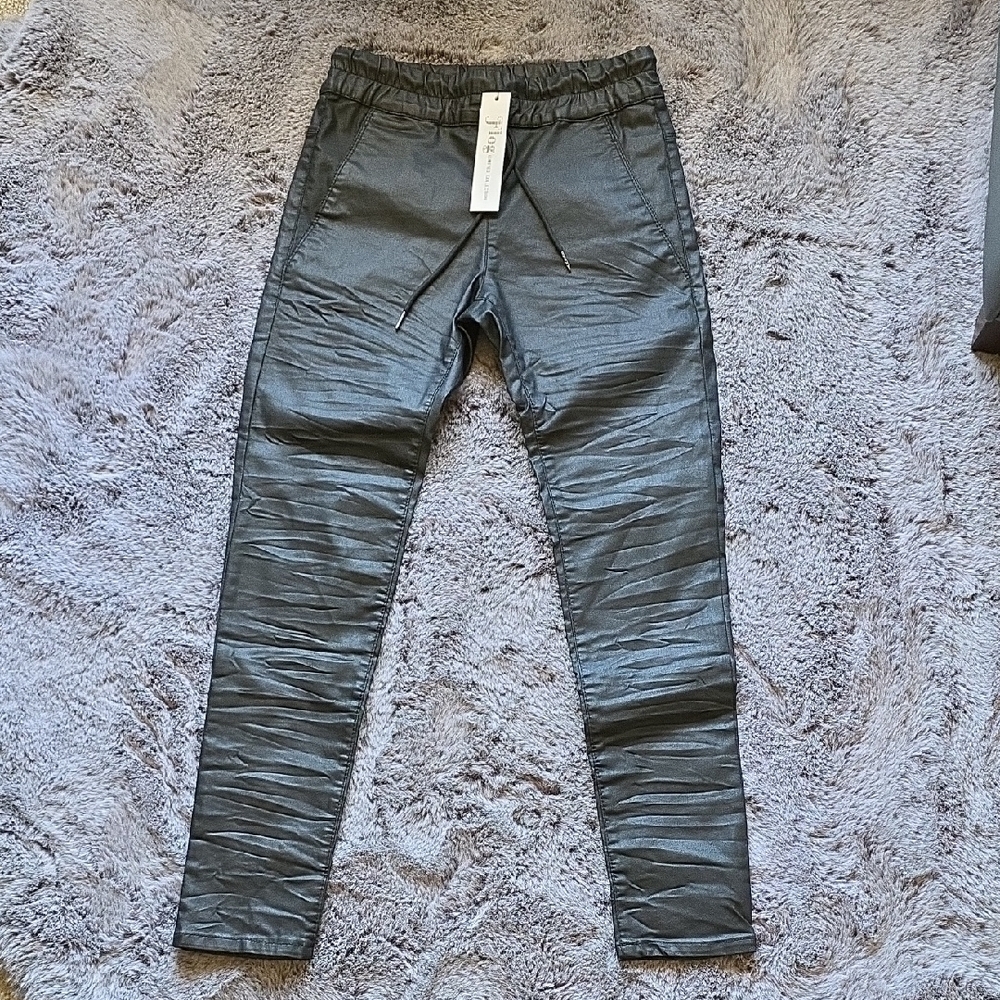BEVY FLOG Shely Black Metallic Black Gray Unique Pull On Stretch Pants Sz 26